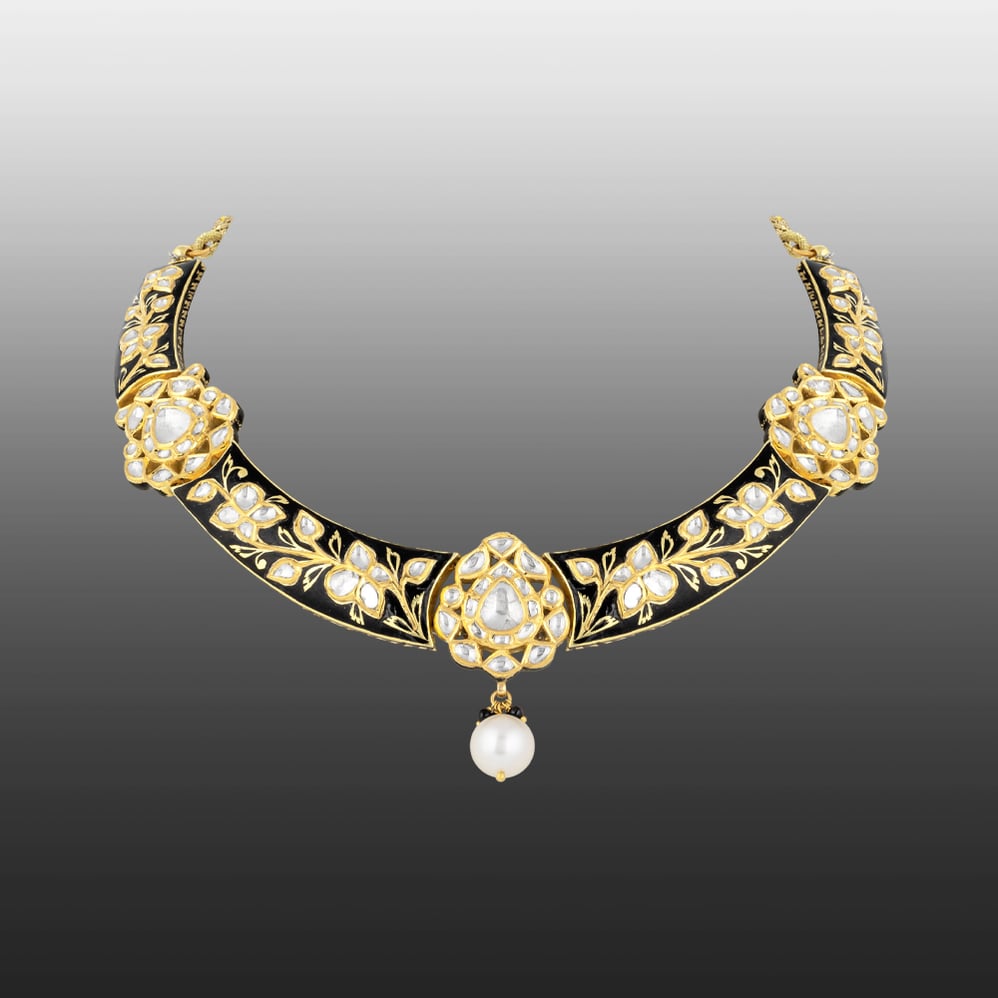 Black Enamel Hasli Necklace with Polki & Gold Floral Motifs